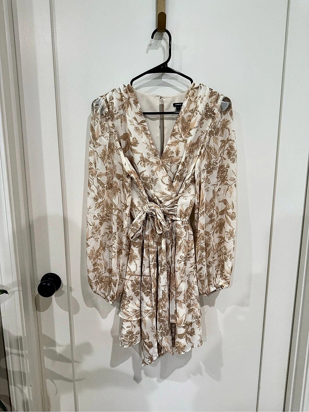 Express Metallic Floral Tie Waist Tiered Ruffle Mini Dress Cream & Brown Like N